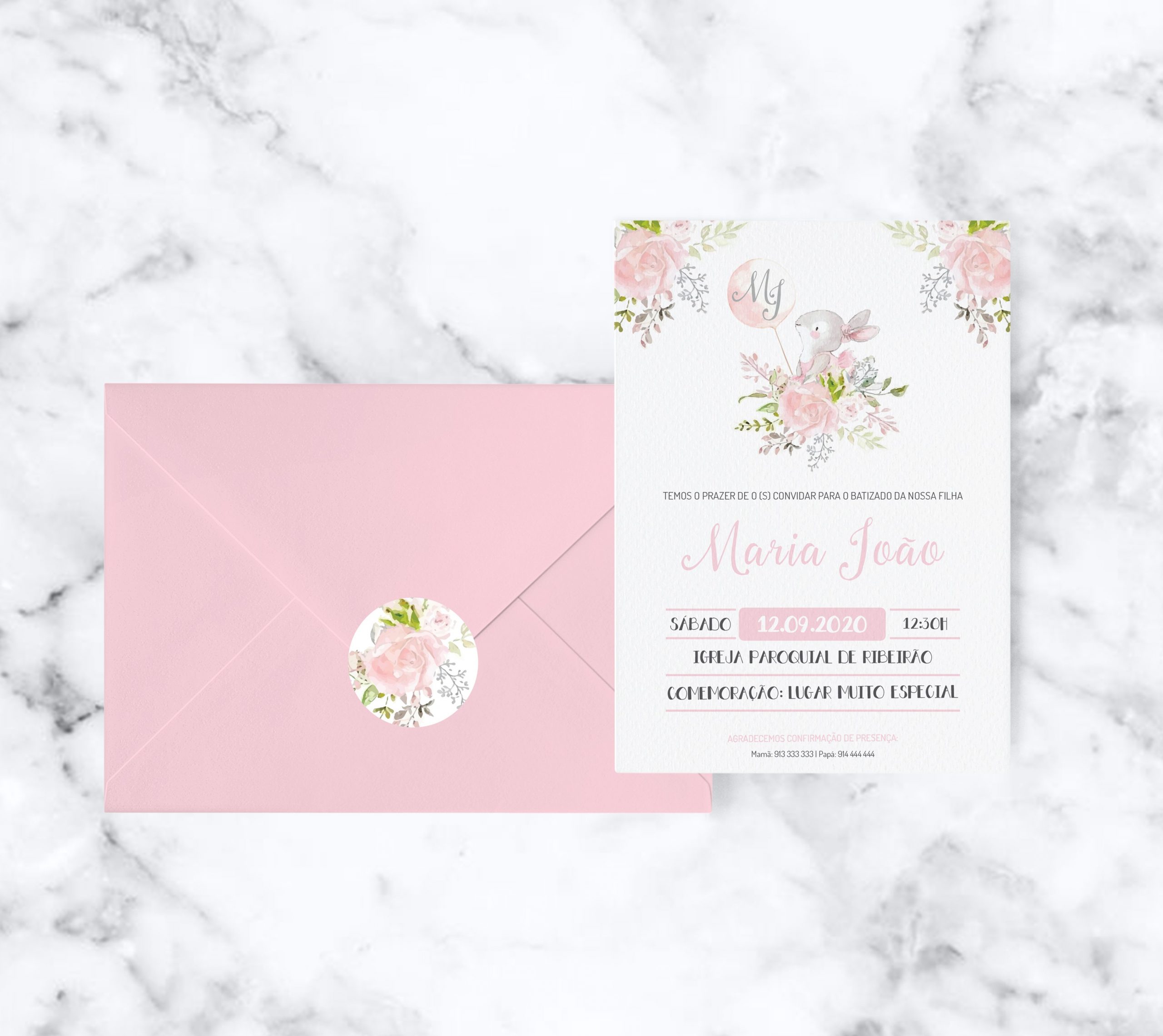 Convite de Batizado Coelhinha com balão | BT-C082 (menina)