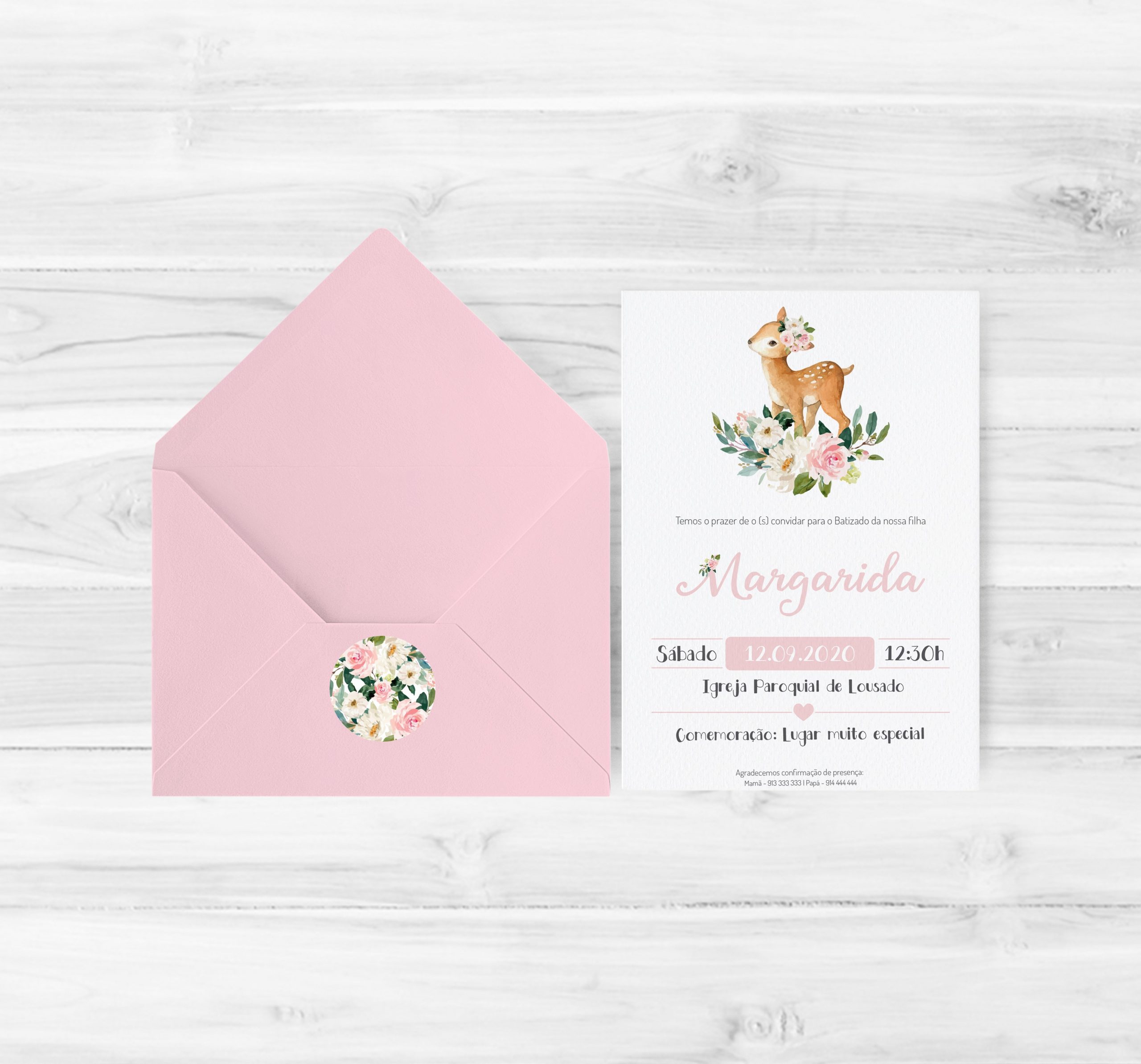 Convite de Batizado Veado Rosa | BT-C083 (menina)