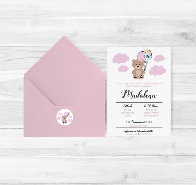 Convite de Batizado Ursinha Rosa | BT-C092